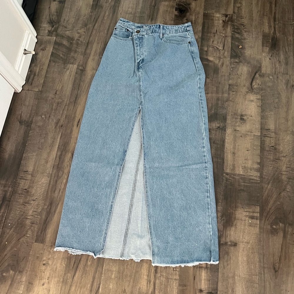 Dressed in LALA Don’t Kill My Vibe Criss Cross Denim Maxi Skirt SIZE Small - Picture 3 of 3
